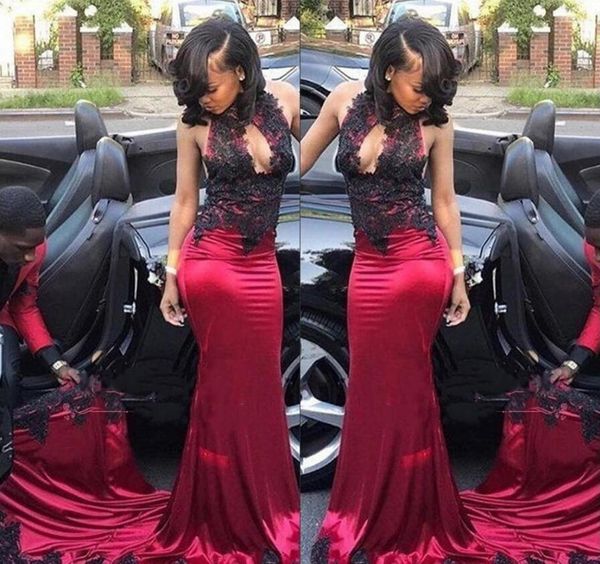 2019 elegant halter satin mermaid long prom dresses lace appliques sweep train arabic dubai party dresses long formal evening party gowns, Black
2019 elegant halter satin mermaid long prom dresses lace appliques sweep train arabic dubai party dresses long formal evening party gowns, Black