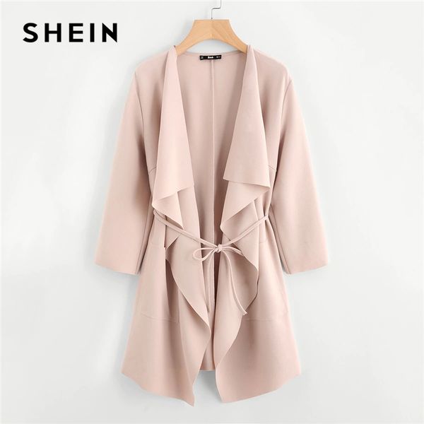 

shein waterfall collar double pocket front wrap autumn coat with belt women solid long sleeve spring casual coat outerwear, Black;brown