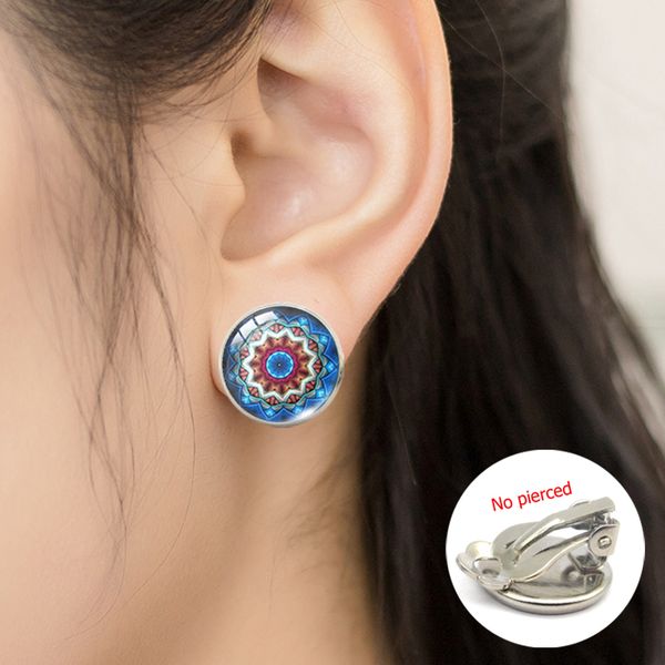 henna mandala om yoga flower of life glass cabochon clip earrings hindu religious om mandala for women gift jewelry, Silver