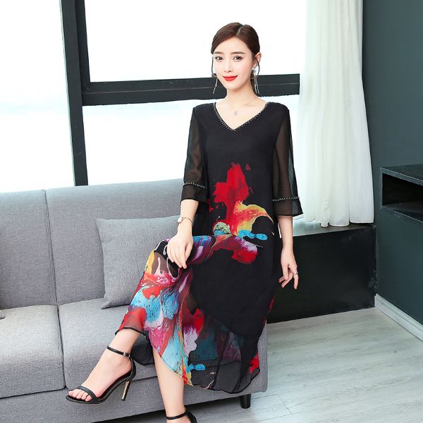 europe style silk dress women 2019 plus size loose elegant print robe a line dresses female high end luxury runway party dress, Black;gray
europe style silk dress women 2019 plus size loose elegant print robe a line dresses female high end luxury runway party dress, Black;gray