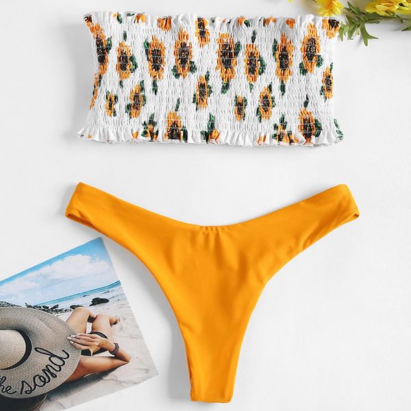 

smocked bikini set bandeau sunflower swimwear women swimsuit shirred low waist strapless floral bathing suit biquni bikinis