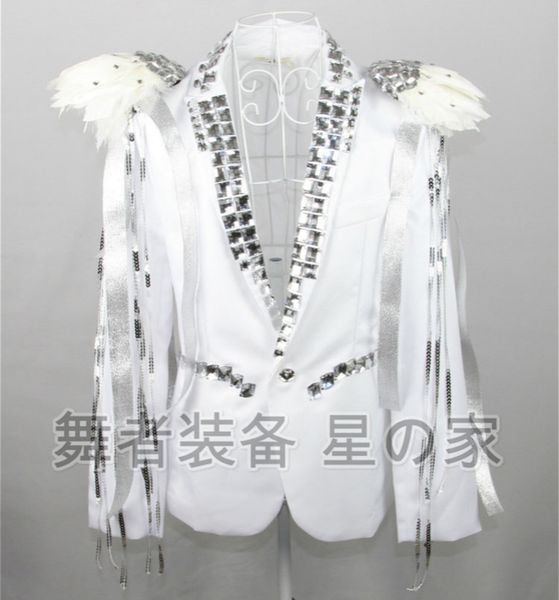 men white dance stage coat rhinestones feather singer dj jacket nightclub new one button jackets, White;black
men white dance stage coat rhinestones feather singer dj jacket nightclub new one button jackets, White;black