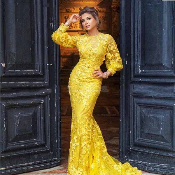 yellow lace long sleeve dubai evening dress mermaid 3d flora arabic celebrity prom dresses plus size long formal party gonws, Black
yellow lace long sleeve dubai evening dress mermaid 3d flora arabic celebrity prom dresses plus size long formal party gonws, Black