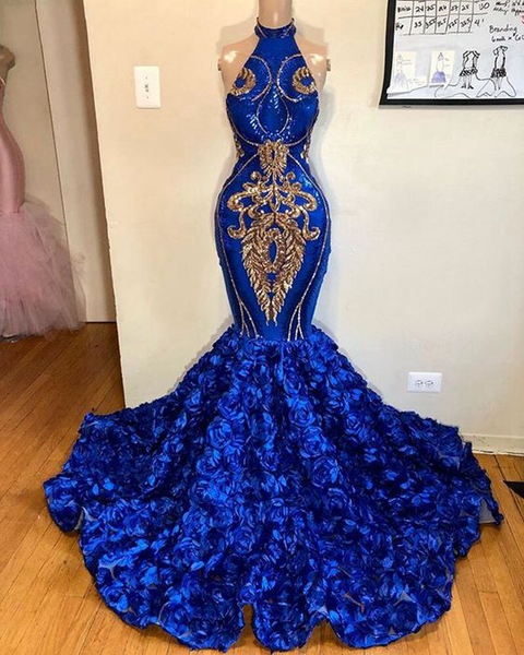 sparkly royal blue and gold mermaid 3d rose flowers prom dress for black girls high neck formal evening dress support custom, White;black
sparkly royal blue and gold mermaid 3d rose flowers prom dress for black girls high neck formal evening dress support custom, White;black