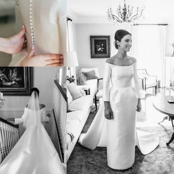 modest ivory satin sheath wedding dresses saudi arabia long sleeve off the shoulder country garden bridal gowns inexpensive button back, White
modest ivory satin sheath wedding dresses saudi arabia long sleeve off the shoulder country garden bridal gowns inexpensive button back, White