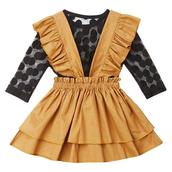 children's polka dot long sleeve mesh + brown waist shoulder strap skirt two piece set, White
children's polka dot long sleeve mesh + brown waist shoulder strap skirt two piece set, White