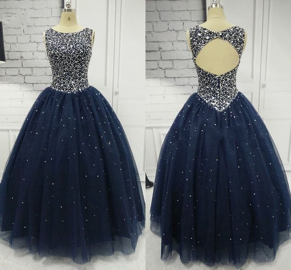 keyhole back navy prom party dresses tulle jewel neck crystal beaded sequins tulle quinceanera sweet 16 dress long, Black
keyhole back navy prom party dresses tulle jewel neck crystal beaded sequins tulle quinceanera sweet 16 dress long, Black