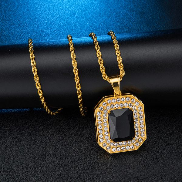 

bling iced out square black stone necklace & pendants paved rhinestoned pendant stainless steel chain for men hip hop jewelry, Silver