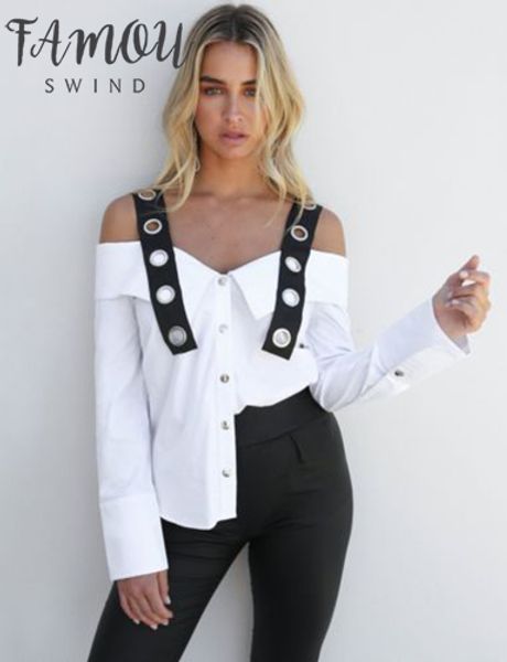women lady summer long sleeve strappy cold chiffon shoulder casual shirt blouses outwear, White
women lady summer long sleeve strappy cold chiffon shoulder casual shirt blouses outwear, White