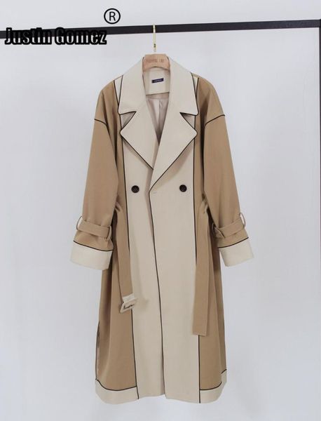 loose casual double-breasted patchwork trench coat for women new spring autumn long feminino coats fall 2019 trend woman clothes, Tan;black