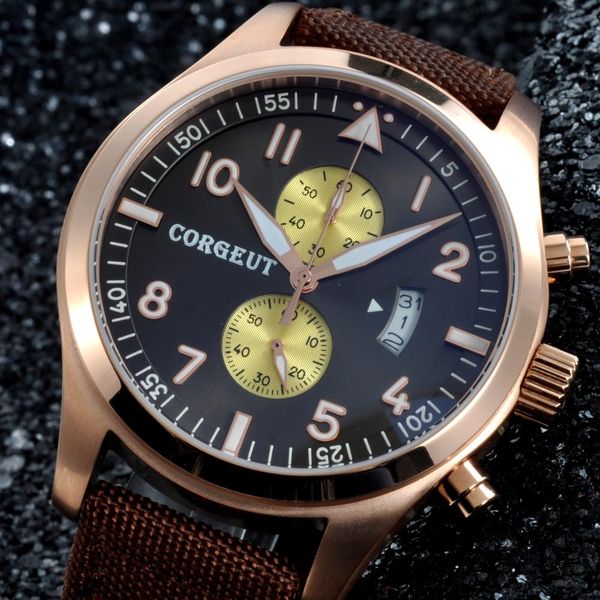 corgeut 46mm мужчины смотреть черный желтый циферблат розового золота pvd корпус из нержавеющей стали стиль полный хронограф, Slivery;brown
corgeut 46mm мужчины смотреть черный желтый циферблат розового золота pvd корпус из нержавеющей стали стиль полный хронограф, Slivery;brown