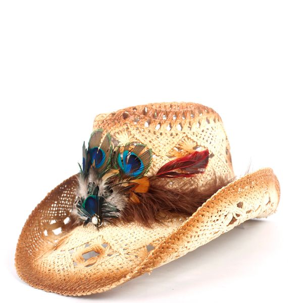 women straw hollow western cowboy hat lady handmade peacock feather sombrero hombre beach cowgirl jazz sun hat size 56-58cm, Blue;gray
women straw hollow western cowboy hat lady handmade peacock feather sombrero hombre beach cowgirl jazz sun hat size 56-58cm, Blue;gray