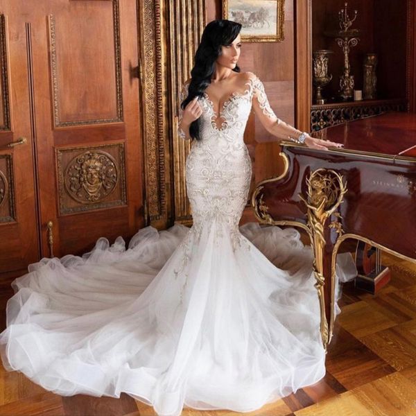 luxury african dubai mermaid wedding dresses illusion long sleeves vestido de noiva lace appliques slim formal bridal gowns, White
luxury african dubai mermaid wedding dresses illusion long sleeves vestido de noiva lace appliques slim formal bridal gowns, White