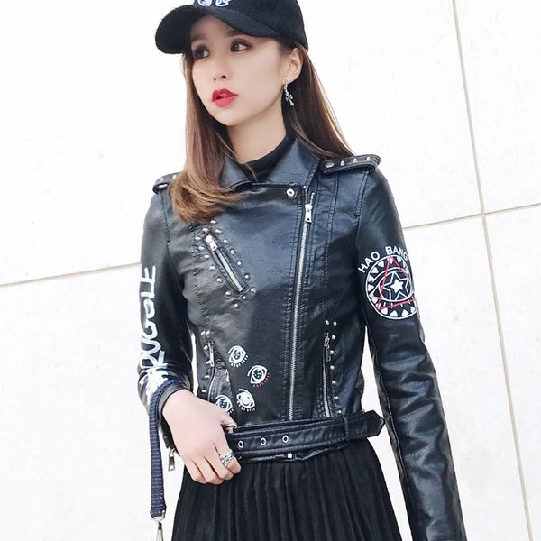 new autumn women faux leather jacket female rivets letters print motorcycle leather short women's biker coat female punk outwear, Black
new autumn women faux leather jacket female rivets letters print motorcycle leather short women's biker coat female punk outwear, Black