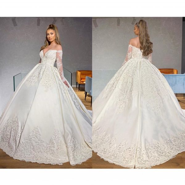 2020 arabic wedding dresses lace appliqued beaded a line sweep train long sleeve country bridal gowns off shoulder plus size robes de mariée, White
2020 arabic wedding dresses lace appliqued beaded a line sweep train long sleeve country bridal gowns off shoulder plus size robes de mariée, White