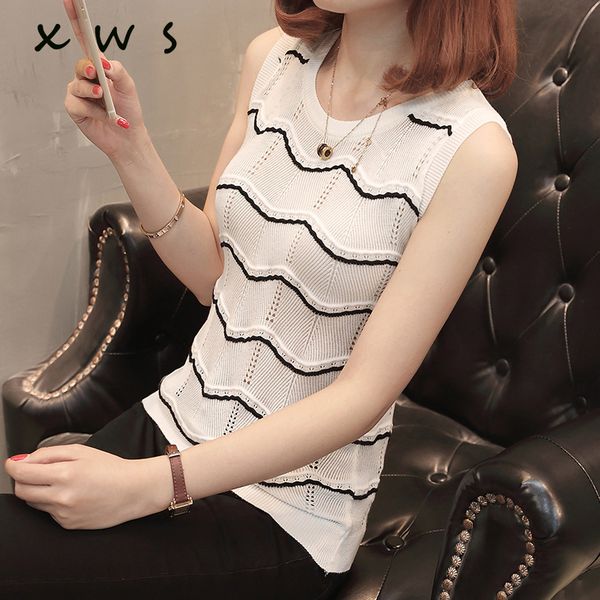 2019 thin summer sleeveless o neck sweater pullovers women hollow out striped slim female elegant vest knitted sweater, Black;white
2019 thin summer sleeveless o neck sweater pullovers women hollow out striped slim female elegant vest knitted sweater, Black;white