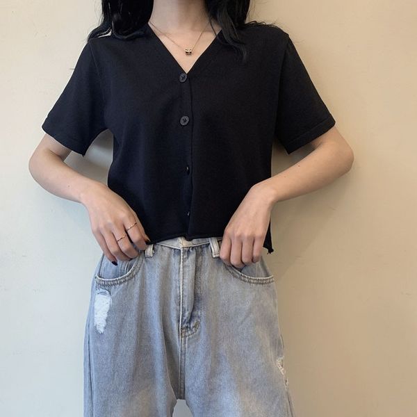 women's t-shirt summer sweet v-neck solid color thin ice silk knitted short-sleeved cardigan short top, White
women's t-shirt summer sweet v-neck solid color thin ice silk knitted short-sleeved cardigan short top, White