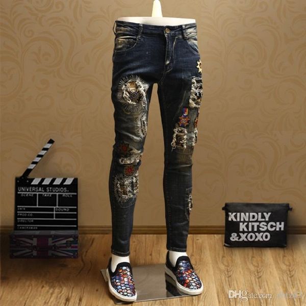 fashion mens skinny ripped patch jeans streetwear blue jean pencil pants for men badge denim trousers t200410, Black
fashion mens skinny ripped patch jeans streetwear blue jean pencil pants for men badge denim trousers t200410, Black