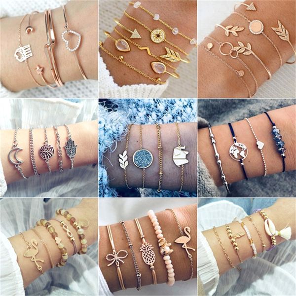 

30 style women retro crystal peach heart elephant arrow moon stars tassel bracelet set boho charm party wedding jewelry gift, Black