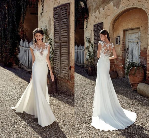 2019 new designer beach mermaid wedding dresses lace applique sheer neck floor length bohemian wedding dress bridal gowns, White
2019 new designer beach mermaid wedding dresses lace applique sheer neck floor length bohemian wedding dress bridal gowns, White