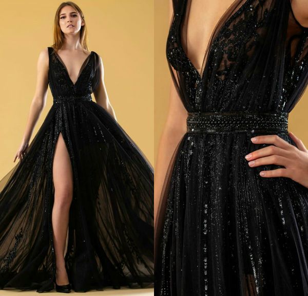black high split prom dresses lace appliqued beads sequins v neck evening dress cocktail party sweep train formal occasion wear
black high split prom dresses lace appliqued beads sequins v neck evening dress cocktail party sweep train formal occasion wear