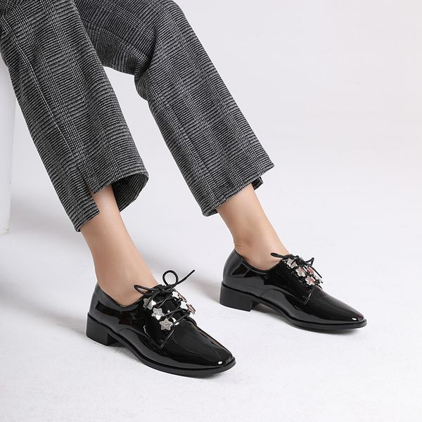 lady black square head patent leather shoes female star low heel lace up loafers