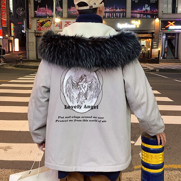 2019 winter korean version of the new hip-hop thick large pocket loose casual print fur collar cotton hooded, Black
2019 winter korean version of the new hip-hop thick large pocket loose casual print fur collar cotton hooded, Black