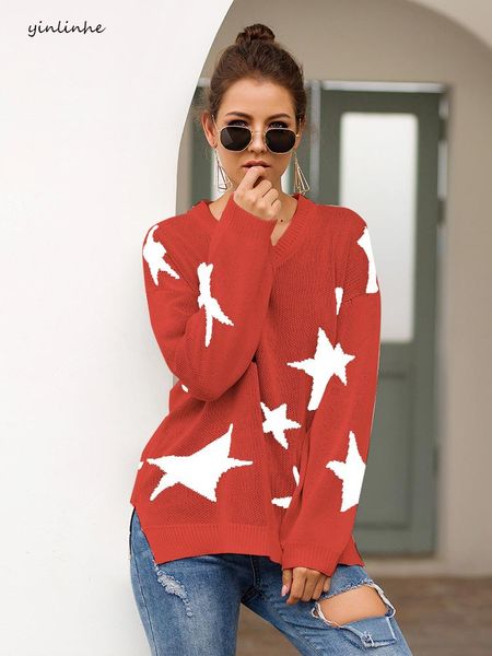 yinlinhe red v neck star sweater women long sleeve plus size loose autumn jumpers ladies 2019 winter casual pullovers 1188, White;black
yinlinhe red v neck star sweater women long sleeve plus size loose autumn jumpers ladies 2019 winter casual pullovers 1188, White;black