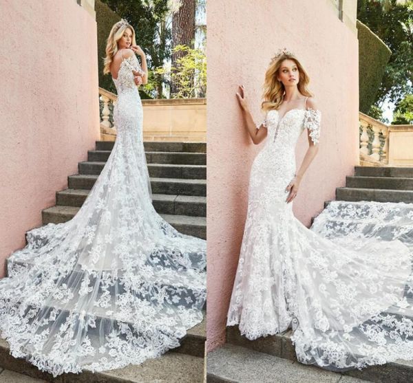 romantic 2019 lace mermaid wedding dresses spaghetti straps short sleeves sweetheart full lace bridal gowns with long court train, White
romantic 2019 lace mermaid wedding dresses spaghetti straps short sleeves sweetheart full lace bridal gowns with long court train, White