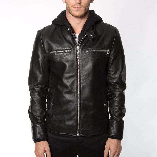 men's fashion hood genuine leather jacket hat detachable casual leather coat men black sheepskin male real jacket 2017
men's fashion hood genuine leather jacket hat detachable casual leather coat men black sheepskin male real jacket 2017