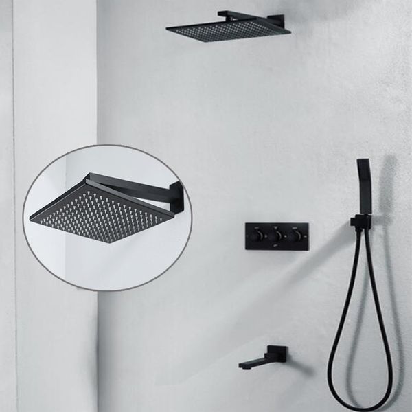 concealed in wall shower faucet tap 10 inches square brass black showerhead with hand spray,spout,3 way embeded box diverter 
concealed in wall shower faucet tap 10 inches square brass black showerhead with hand spray,spout,3 way embeded box diverter