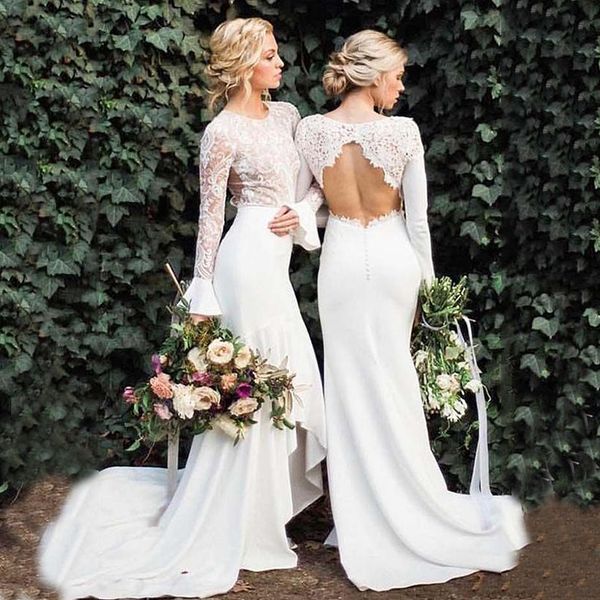 romantic long sleeve mermaid wedding dresses backless lace bohemian wedding dress appliques sweep train bridal gowns, White
romantic long sleeve mermaid wedding dresses backless lace bohemian wedding dress appliques sweep train bridal gowns, White