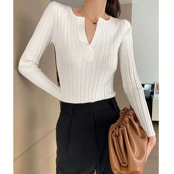 rib knitted notch front women slim fit v neck knitwear sweater, White;black