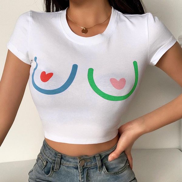 summer heart printed womens short sleeved t shirts womens designer clothes exposed navel t-shirt, White