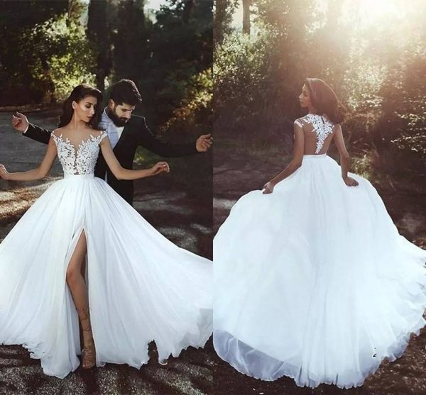 2019 summer beach wedding dresses high split illusion back bridal gowns chiffon lace appliques v neck wedding dress, White
2019 summer beach wedding dresses high split illusion back bridal gowns chiffon lace appliques v neck wedding dress, White