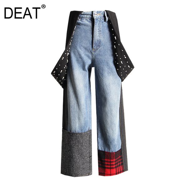 deat new 2020 summer straps high waist straight full length denim patchwork deading plaided pants female jeans wl69317l, Blue
deat new 2020 summer straps high waist straight full length denim patchwork deading plaided pants female jeans wl69317l, Blue