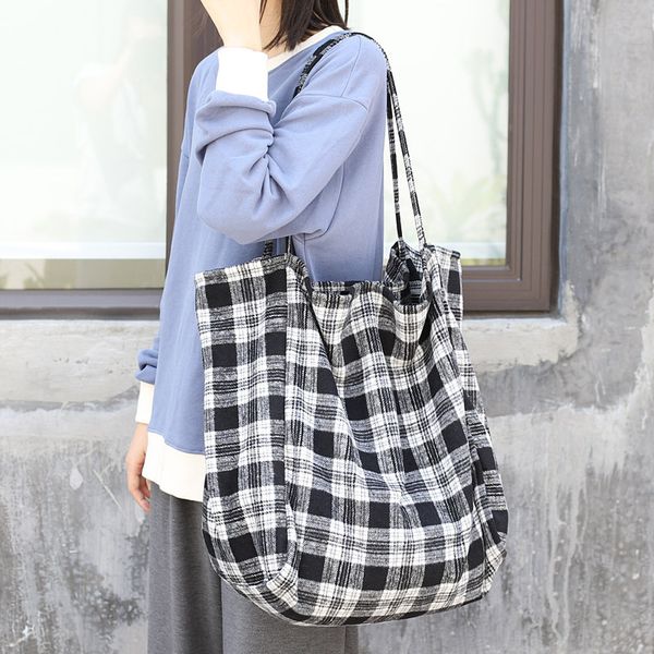 new plaid shopping bag tote large ladies canvas shoulder bags foldable grocery bags reusable shopper bag t200408