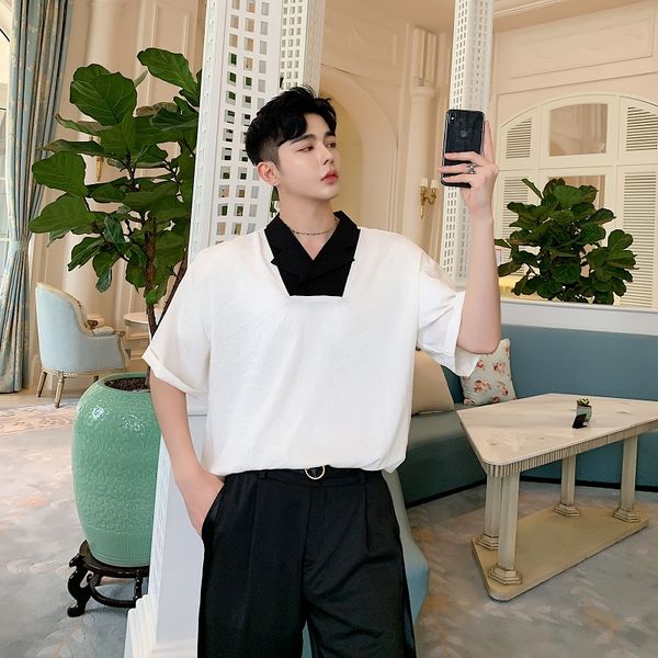 men summer v-neck spliced short sleeve loose casual pullovers shirt male vintage fashion party show dress shirts, White;black
men summer v-neck spliced short sleeve loose casual pullovers shirt male vintage fashion party show dress shirts, White;black