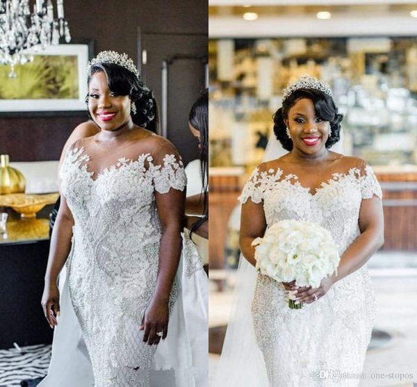 plus size luxurious lace 2019 arabic wedding dresses cap sleeves pearls bridal dresses gorgeous wedding gowns, White
plus size luxurious lace 2019 arabic wedding dresses cap sleeves pearls bridal dresses gorgeous wedding gowns, White