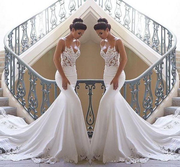 spaghetti straps beach boho mermaid wedding dresses 2020 embroidery lace applique backless bridal gowns robe de mariee, White 
spaghetti straps beach boho mermaid wedding dresses 2020 embroidery lace applique backless bridal gowns robe de mariee, White