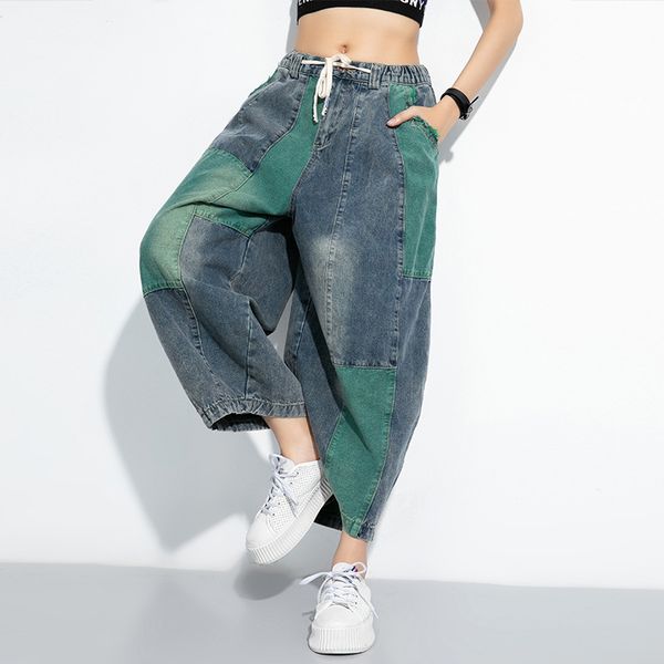 summer fall women clothing elastic high waist denim pants personality patchwork hip hop jeans streetwear loose wide leg pants, Blue 
summer fall women clothing elastic high waist denim pants personality patchwork hip hop jeans streetwear loose wide leg pants, Blue