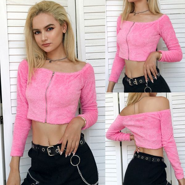 women sweater casual zipper pullover off shoulder long sleeve fluffy jumper crop new, White;black
women sweater casual zipper pullover off shoulder long sleeve fluffy jumper crop new, White;black