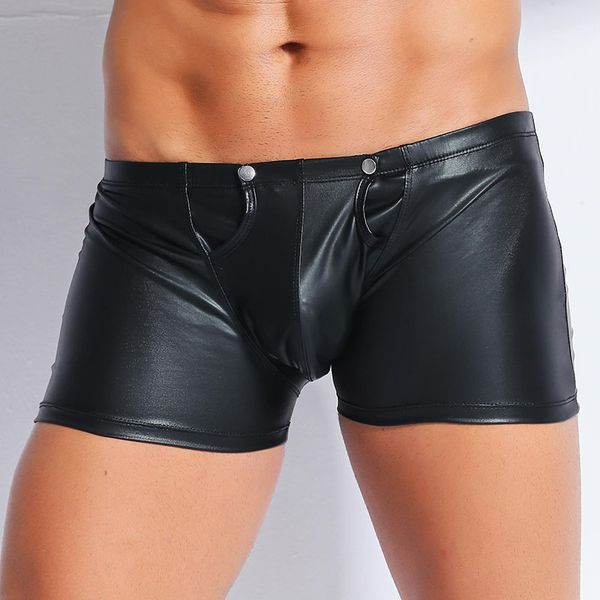 mens underwear boxers men black faux leather lingerie stage u convex pouch zipper open crotch patent leather boxers shorts underwear, Black;white 
mens underwear boxers men black faux leather lingerie stage u convex pouch zipper open crotch patent leather boxers shorts underwear, Black;white