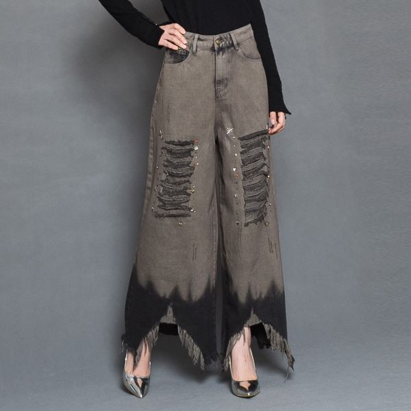 spring fall womens high waisted vintage ripped hole rivets tassel denim pants , irregular wide leg jeans trousers for woman, Blue
spring fall womens high waisted vintage ripped hole rivets tassel denim pants , irregular wide leg jeans trousers for woman, Blue