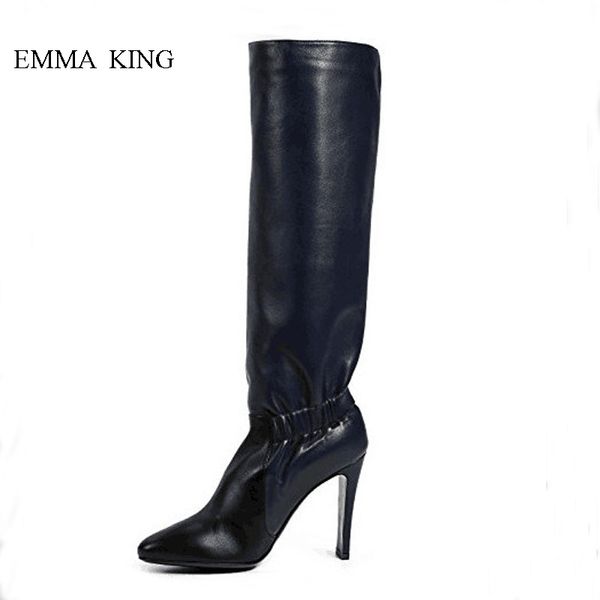 

women boots pleated design pointed toe stiletto high heels slip on soft leather black mid-calf boots fashion shoes woman