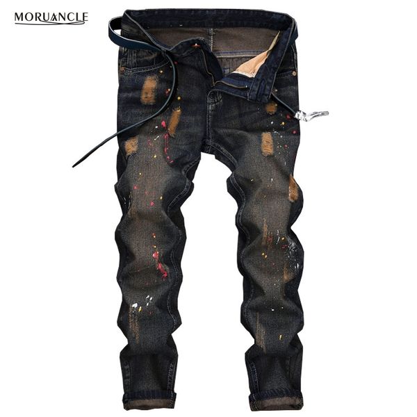 moruancle 2017 new men's vintage ripped jeans pants designer distressed print denim joggers for male painted torn trousers holes, Blue
moruancle 2017 new men's vintage ripped jeans pants designer distressed print denim joggers for male painted torn trousers holes, Blue