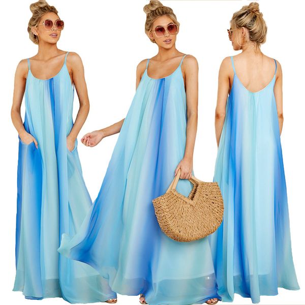 Women Chiffon Long Dress Female Spaghetti Strap Blue Beach Boho Dresses Holiday Clothing
Women Chiffon Long Dress Female Spaghetti Strap Blue Beach Boho Dresses Holiday Clothing