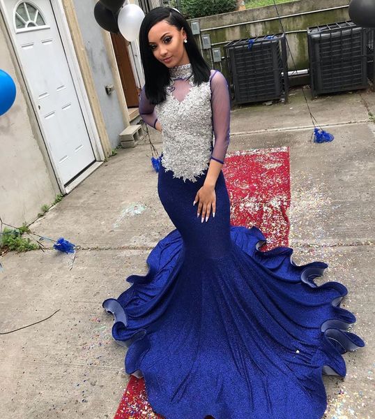 royal blue beaded mermaid prom dresses high neck lace backless evening gowns with long sleeves plus size sweep train satin formal dress, Black
royal blue beaded mermaid prom dresses high neck lace backless evening gowns with long sleeves plus size sweep train satin formal dress, Black