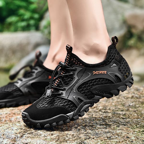 

muqgew summer casual men's shoes breathable water shoes plus size pool beach swim drawstring creek diving footwear men, Black