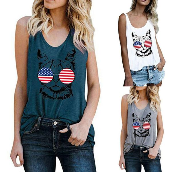 womens cat print sleeveless tank blouse summer holiday casual loose t shirts, White
womens cat print sleeveless tank blouse summer holiday casual loose t shirts, White